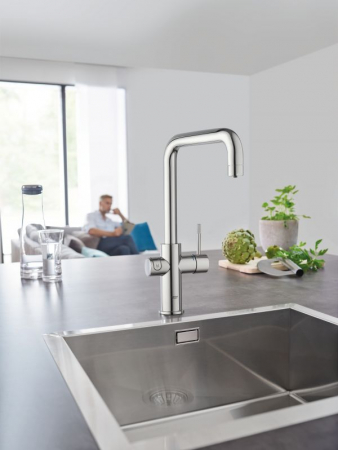 Baterii monocomanda - Baterie bucatarie monocomanda sistem de filtrare apa racire apa si apa carbogazoasa 3 nivele mineralizare cartus ceramic pipa tip U pivotanta 150 Grohe Blue Home