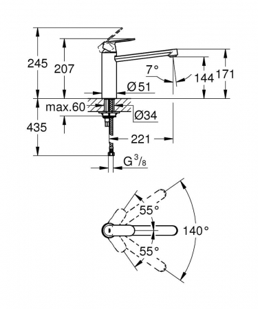 Baterie bucatarie monocomanda 1/2 cartus ceramic pipa medie pivotanta 140 limitator debit Crom Grohe Eurosmart Cosmopolitan [2]