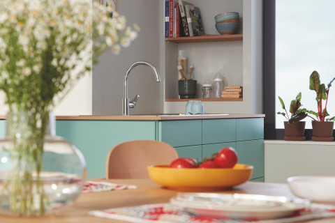 Baterie bucatarie Grohe StartEdge pipa tip C 3/8'', monocomanda, pivotanta, cartus ceramic, montaj pe blat, protectie reflux, limitator de debit, crom [4]