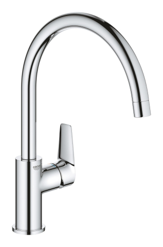 Obiecte sanitare - Baterie bucatarie Grohe StartEdge pipa tip C 3/8'', monocomanda, pivotanta, cartus ceramic, montaj pe blat, protectie reflux, limitator de debit, crom