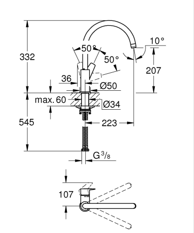 Baterie bucatarie Grohe StartEdge pipa tip C 3/8'', monocomanda, pivotanta, cartus ceramic, montaj pe blat, protectie reflux, limitator de debit, crom [2]