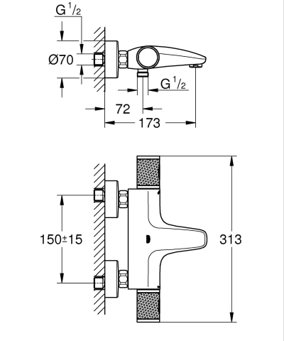 Baterie cada cu termostat Grohe Precision Feel 1/2", diverter, termostat, cartus ceramic, montare pe perete, negru mat [2]