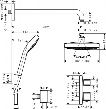 Sistem de dus incastrat termostatat Hansgrohe Design Croma Select E Ecostat E cu 2 consumatori [1]