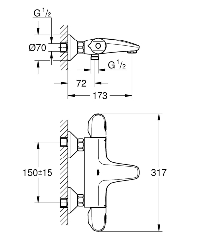 Baterie cada Grohe Grohtherm 1000, montare pe perete, termostat, cartus ceramic, diverter, protectie anti-reflux, crom [2]