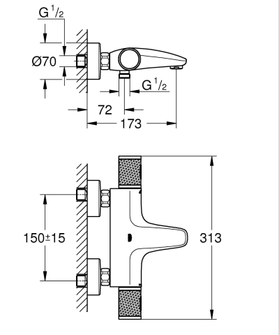 Baterie cada Grohe Grohtherm 1000 performance montare pe perete, cartus ceramic, diverter, termostat, filtru protectie, crom [2]