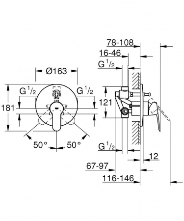 Baterie de cada/dus montaj incastrat cromata Grohe BauEdge [1]