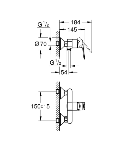 Baterie dus Grohe BauLoop 1/2", montare pe perete, monocomanda, cartus ceramic, crom [1]