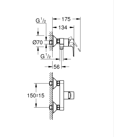 Baterie dus Grohe BauLoop, monocomanda, montare pe perete, cartus ceramic, limitator de temperatura, crom [2]