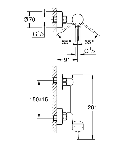 Baterie dus Grohe Essence montare pe perete, monocomanda, cartus ceramic, limitator de debit, protectie anti-reflux, crom [1]