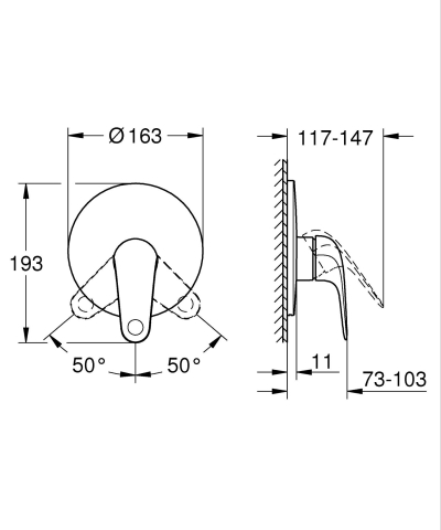 Baterie dus Grohe Swift montare pe perete, monocomanda, levier metalic, incastrata, cartus ceramic, cu corp instalare, crom [2]