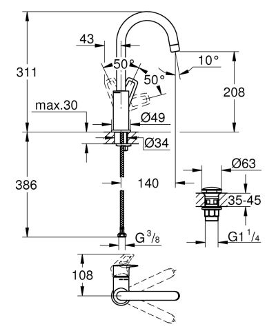 Baterie lavoar Grohe BauLoop L monocomanda, cartus ceramic, pivotanta, evacuare cu apasare, crom [5]