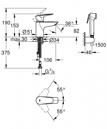 Baterie lavoar cu functie de bideu furtunuri flexibile cromata Grohe Bau Edge New [1]