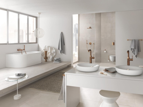 Baterie lavoar Grohe Essence XL 1/2" monocomanda, levier metalic, cartus ceramic, limitator de temperatura, set evacuare, cupru lucios [1]