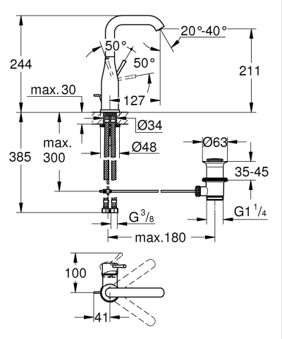Baterie lavoar Grohe Essence L 1/2", monocomanda, levier metalic, cartus ceramic, limitator de temperatura, evacuare cu apasare, crom [2]