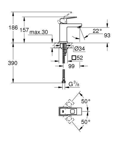 Baterie lavoar Grohe Eurocube S monocomanda, cartus ceramic, fara evacuare, crom [2]