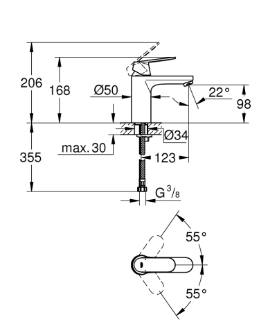 Baterie lavoar Grohe Eurosmart Cosmopolitan M 3/8'' monocomanda, cartus ceramic, limitator temperatura, fara set evacuare, crom [3]