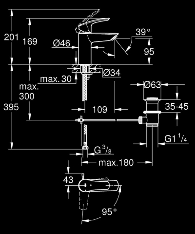 Baterie lavoar Grohe Eurosmart S monocomanda, cartus ceramic, set evacuare cu tija, crom [6]