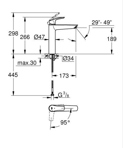 Baterie lavoar Grohe Eurosmart XL monocomanda, cartus ceramic, limitator temperatura, crom [4]