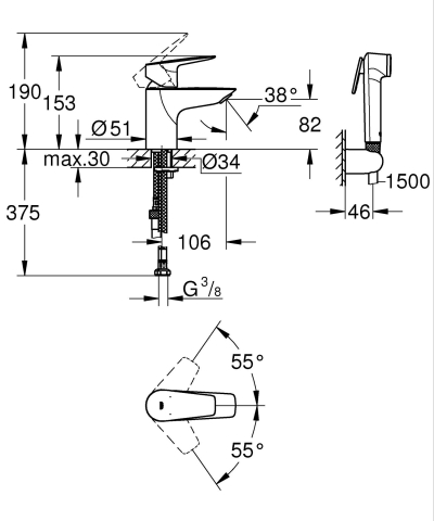 Baterie lavoar Grohe cu set dus Grohe StartEdge M monocomanda, cartus ceramic, fara set evacuare, dus igienic, negru [2]