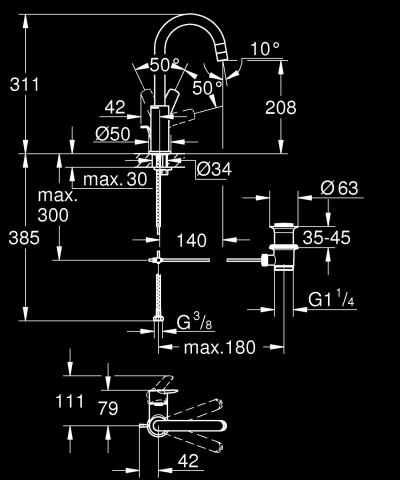 Baterie lavoar Grohe Start L monocomanda, cartus ceramic, pipa tip U, pivotanta, set evacuare, limitator temperatura, crom [3]