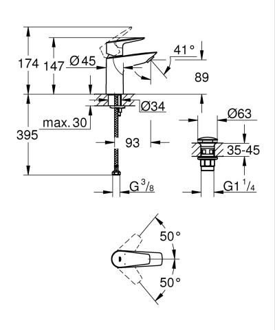 Baterie lavoar Grohe StartEdge S monocomanda, montare pe blat, cartus ceramic, evacuare cu apasare, negru mat [2]