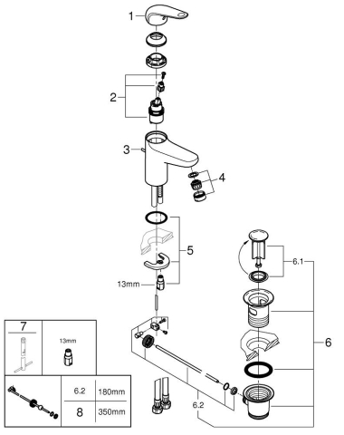 Baterie lavoar Grohe Swift S monocomanda, montare pe blat, set evacuare cu tija, cartus ceramic, limitator temperatura, crom [4]