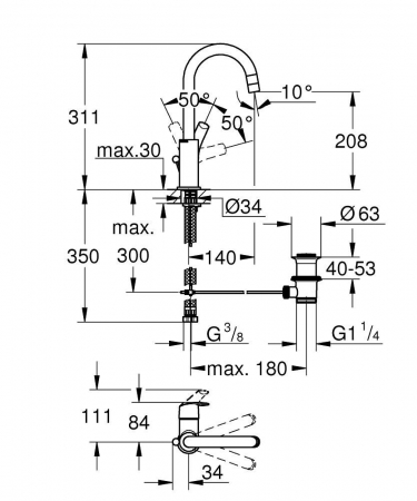Baterie lavoar inalta marimea L furtunuri flexibile cromata Grohe Eurosmart [2]