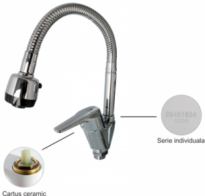 Baterie pentru chiuveta bucatarie, cartus 40 mm., crom, pipa flexibila, Ermetiq [1]