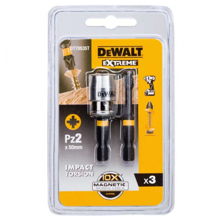 Scule si dispozitive de lucru - Set DeWalt DT70535T, Biti De Surubelnita, EXTREME FLEXTORQ, Inel magnetic, Screwlock, 50 mm, PZ2