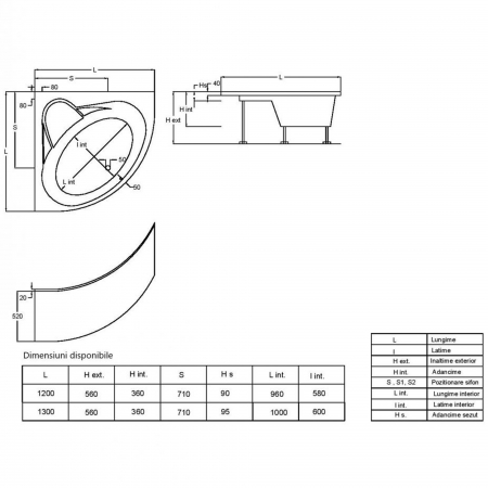 Cada de baie colt din acril, 1300 x 1300 x 410 mm, Fibrocom Gemini [2]
