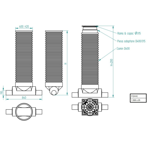 Instalatii de apa si canalizare - Camin inspectie pe Valrom VALPlast D. 400 1IN/1OUT 110/110 capac fonta A15 H 1,7m