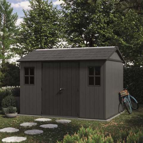 Casa si gradina - Casuta de gradina Keter gri colectie Newton Plus 11x7.5 podea ventilatie usa dubla intrare laterala structura metalica