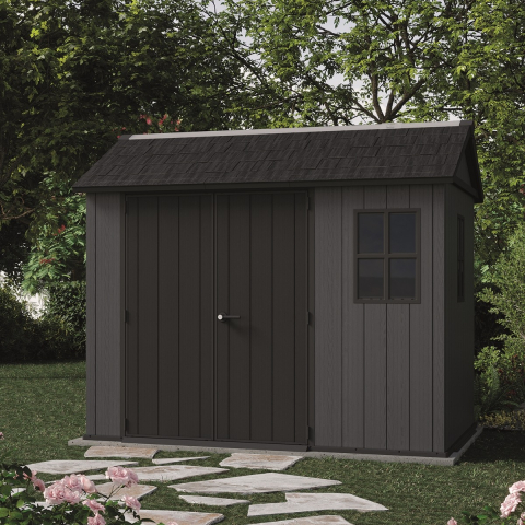 Casa si gradina - Casuta de gradina Keter gri colectie Newton Plus 9x7.5 podea ventilatie usa dubla intrare laterala ransforsare metalica