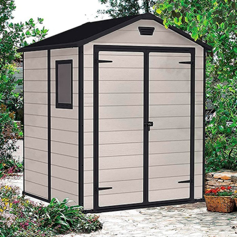 Casa si gradina - Casuta de gradina Keter Bej 6x5 colectie Manor usa dubla podea ferestre ventilatie ranforsare metalica