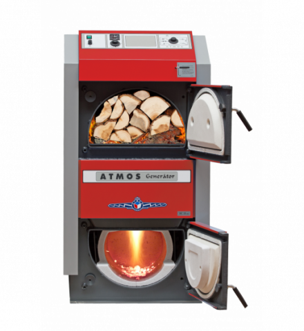 Cazane pe combustibil solid - Cazan pe lemne Atmos, din otel cu gazeificare, model DC40GS 40 kw exhaustor de fum şi serpentină de răcire, cameră de ardere căptuşită cu ceramică