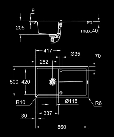 Chiuveta bucatarie Grohe Granite, k400, 860x500 mm, reversibil, picurator, montare pe blat, evacuare automata, kit montaj si evacuare inclus, granit, negru [2]