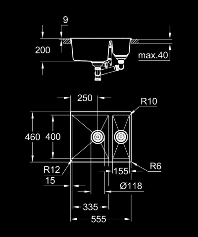 Chiuveta bucatarie Grohe Granite, k500, 555x460 mm, reversibil, 2 boluri, montare pe/sub blat, evacuare manuala, kit montaj si evacuare inclus, granit, negru [2]
