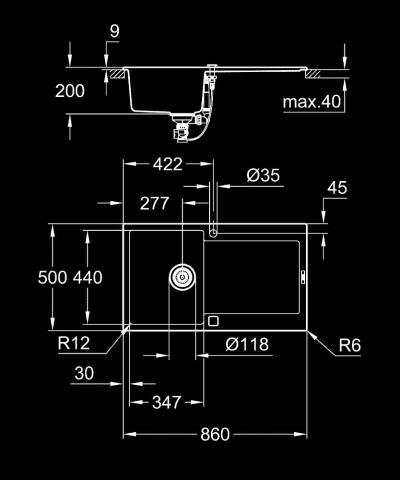 Chiuveta bucatarie Grohe Granite, k500, 860x500 mm, reversibil, montare pe blat, evacuare automata, kit montaj si evacuare inclus, granit, negru [2]