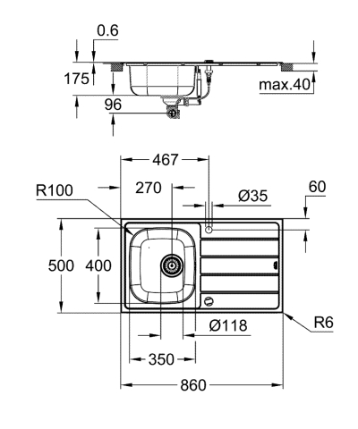 Chiuveta bucatarie Grohe K200 picurator, 1 cuva, reversibila, montare pe blat, evacuare automata, kit montaj si evacuare, inox satinat, crom [4]