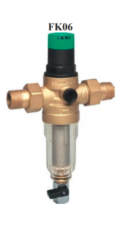 Filtre de apa - Combinatie Regulator de presiune 1 Resideo - Braukmann (ex Honeywell), cu filtru cu purjare sita din inox 100microni racord cu semi-olandezi FE 1” DN25 paharul sitei din alama