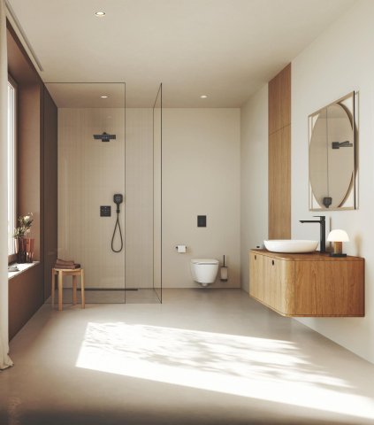 Cot de iesire Grohe Rainshower dus cu suport, ornament patrat, montare pe perete, universal, filet tata, suport integrat, negru mat [6]