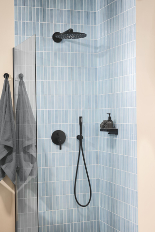 Cot de iesire Grohe Rainshower dus cu suport, ornament rotund, montare pe perete, universal, filet tata, suport integrat, negru mat [6]