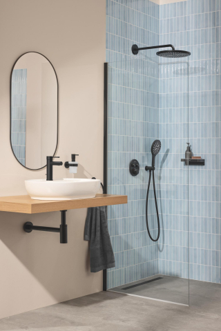 Cot de iesire Grohe Rainshower dus cu suport, ornament rotund, montare pe perete, universal, filet tata, suport integrat, negru mat [8]