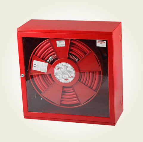 Hidranti interiori - Cutie hidrant PYR LUX D25 - 650x650x260 rosie, usa cu sticla, sistem complet cu tambur