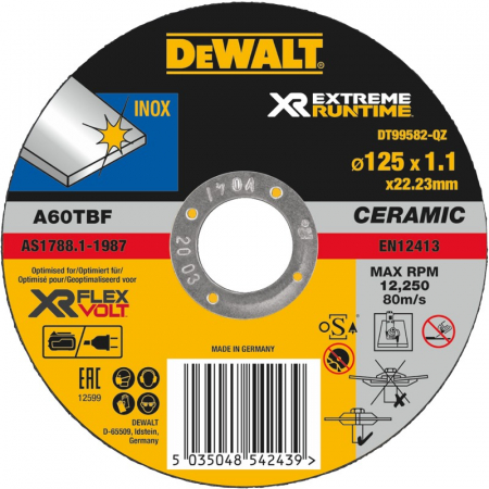 Scule si dispozitive de lucru - Disc abraziv DeWALT XR EXTREME RUNTIME DT99582 pentru taiere in inox 125mm 1.1mm
