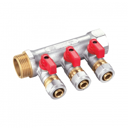 Distribuitoare pentru sanitare - Distribuitoare apa - Distribuitor 1 tol, 3 cai, cu racord EK diametru 16 mm, cu robinet, rosu, Everpro
