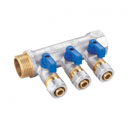 Distribuitoare pentru sanitare - Distribuitoare apa - Distribuitor 1 tol, 3 cai, cu racord EK Ø 16 mm, cu robinet, albastru, Everpro
