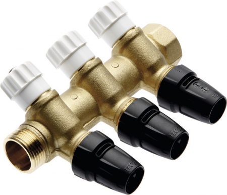 Distribuitoare - Distribuitor TECElogo-Push din alama cu robineti si Adaptori logo-Push, 3 cai xØ 16mm x3/4"