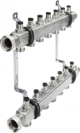Distribuitoare - Distribuitor TECEflex rectangular,inox, cu robinet izolare si sistem prindere, 2 cai, 1'' x eurocon 3/4