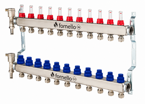 Distribuitoare cu debitmetre - Distribuitor-Colector Fornello, echipat cu debitmetre, robineti si aerisitoare, inox, filet interior, 11 cai, 1 tol